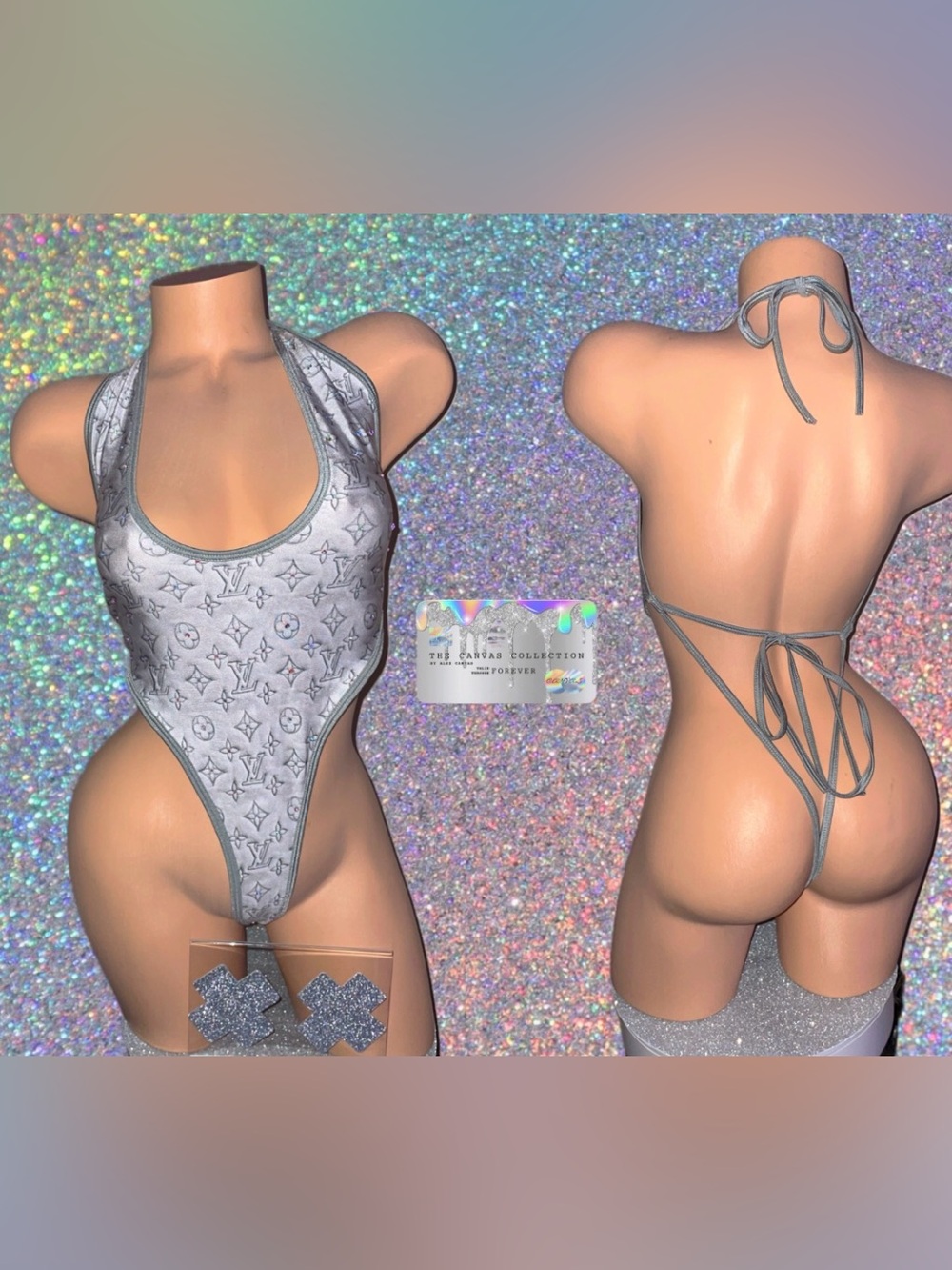 EXOTIC DANCEWEAR: Grey Bodysuit with rhinestones & matching silver pasties